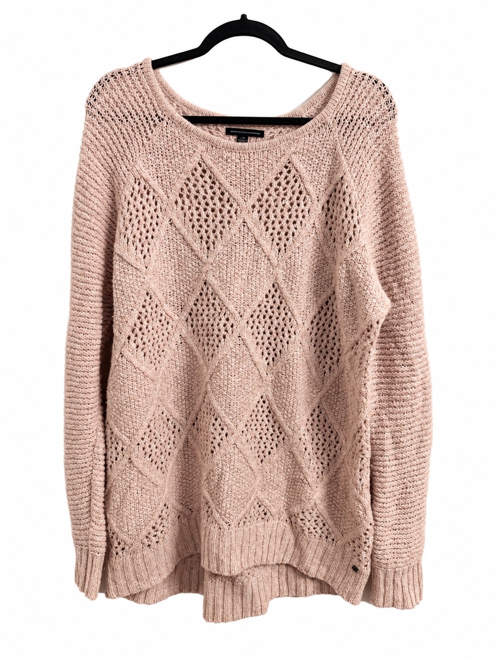 American Eagle Pink Chunky Knit Sweater Openwork Cable Knit Cotton Oversized L